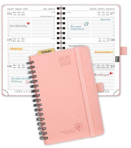 POPRUN Taschenkalender 2025 2026 Klein (Aug.2025-Dez.2026) Ringbuch mit Softcover, ca. A6 (16 x 10,5 cm), Terminplaner 2025 2026 Klein 1 Woche 2 Seite mit Plastiklineal - Rosa