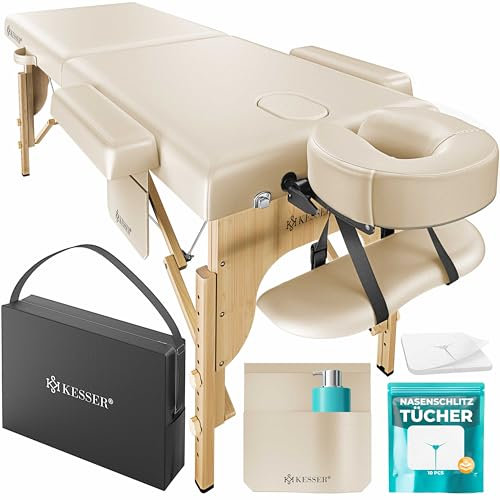 KESSER® Mobile Massageliege mit Holzfüßen klappbar & höhenverstellbar 2 Zonen Massagebett Massagetisch Kosmetikliege Breite Therapieliege Kopfstütze & Armlehnen inkl. Tragetasche & 10x Tücher
