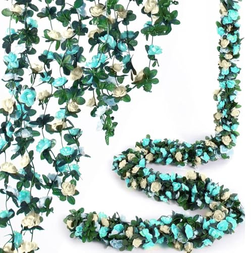 LaresDay 2 guirnaldas de pétalos de rosa de 2,4 metros con 45 flores, flores artificiales de seda para colgar para arco de boda, jardín, balcón, salón, decoración de pared, decoración de oficina (azul