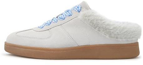 LUCKY STEP Women's Mule Fashion Sneakers Fur Lined Classic Retro Casual Shoes Slip On Backless Comfy Winter Tennis Walking Anti Slip Sneaker(Grey,7)