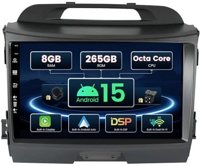 SXAUTO ¦ 8G+256G, 8-core ¦ Android 14 IPS bilradio för Kia Sportage (2010-2015) - trådlös Carplay/Android Auto/DSP - LED-kamera + MIC - 9 tum 2 Din - Dab Ratt 360-CAM Fast-Boot AHD WiFi BT