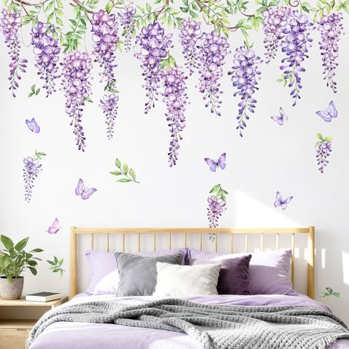 Supzone Adesivi Murali Fiori Viola Grande Adesivi da Parete Glicine Foglie di Vite Floreale Decorazioni Murale Cameretta Bimba Camera da Letto Soggiorno