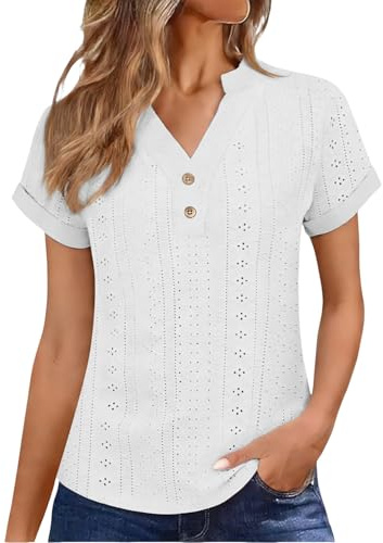 Yinguo linen tops for women uk Ladies Tops Womens 2026 Women's Summer Cotton Linen Cap Sleeve T-Shirt Button V Neck Tunic Boho Top Fashion Baggy Solid Plain Casual Shirts Trendy Blouse Clothing