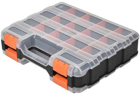 Organizador de piezas pequeñas, caja organizadora de hardware de 34 compartimentos de doble cara con divisores extraíbles, caja de aparejos de plástico con tapa transparente para tornillos, pernos..