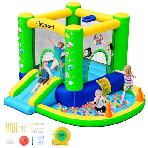 FBSPORT hüpfburg Outdoor mit gebläse hüpfburg mit Wasserrutsche Indoor, hüpfburgen Kinder Kinder Bounce Castle mit Ball Pit Pool, Basketball Reifen, Dart Spiel