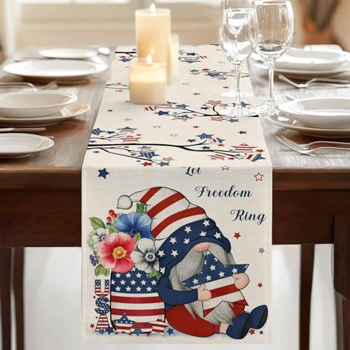 Table Runner 72 Inches Long, Independence Day Dwarfs Linen Table Runners Dresser Scarf Runner for Bedroom Kitchen Home Party Dining Tables Decor Opium Poppy on Retro Linen