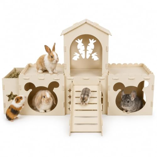 Normodic Extra Large Wooden Rabbit Castle, Detachable Bunny House with Ramp, Indoor Climbing Hideout for Small Animals, Wooden Playhouse Pet Habitat for Guinea Pigs, Chinchillas, Ferrets, Hamsters