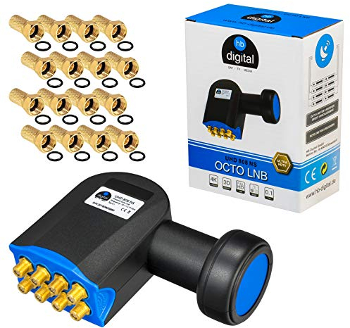 hb-digital Octo Ultra LNB NW LNC für 8 Teilnehmer/Receiver [2X Test Sehr gut] Direktanschluss Full HDTV 4K Schwarz vergoldete Kontakte - Wetterschutzkappe (schiebbar) inkl. 16x F-Stecker vergoldet