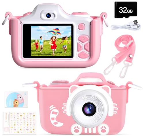 Kriogor Fotocamera per Bambini, Fotocamera Digitale, Selfie e Videocamera con 12 Megapixel/Dual Lens/Schermo da 2 Pollici/1080P HD/256M TF Card, Regalo di Compleanno per Bambini (Rosa)