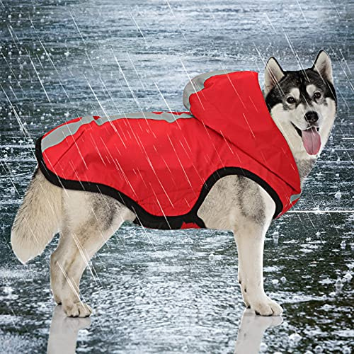 Idepet 2-in-1 giacca impermeabile per cani impermeabile, tuta leggera per animali domestici poncho antipioggia traspirante a copertura totale con cappuccio per cani di taglia media (L, Rosso)