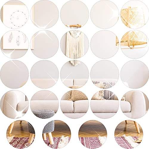 Cindeer Set of 24 Acrylic Round Mirror Plate Circle Mirror Trays Wedding Baby Shower Party Centerpieces for Tables Self Adhesive Non Glass Stickers for Home or Wall Candle Crafts Decor(8 Inch)