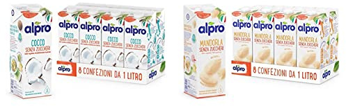 ALPRO SENZA ZUCCHERI, Bevanda al COCCO, 100% vegetale con vitamine B2, B12 e D (8 confezioni x 1 Litro) & SENZA ZUCCHERI, Bevanda alla MANDORLA, 100% vegetale con vitamine B2, B12 e D