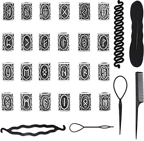scalingscal Wikinger Bartperlen, Bartschmuck mit 24 Stück Bartperlen und 6 Haarwerkzeugen, Nordische Runen Perlen für Armband, Halskette, Anhänger, DIY Schmuck