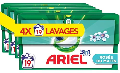 Ariel 3in1 PODS, Lessive Liquide Capsules, 76 Lavages (4x19 Tablettes), Rosée du Matin, Élimine Les Taches Incrustées, Même Après 7 Jours, Impeccable Même En Cycle Court Et À Froid, Fabriqué En France