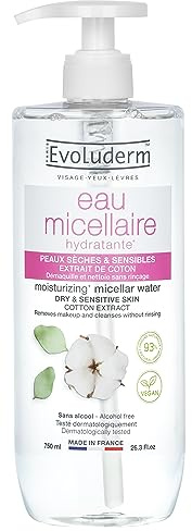 EVOLUDERM – Eau Micellaire Démaquillante Extrait Coton - 750 ml - 93% d’Origine Naturelle - Végan - Fabrication Française