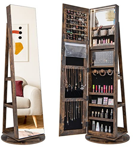 GOPLUS Armoire à Bijoux avec Miroir sur Pied, Armoire à Bijoux Rotative à 360° avec Lumière LED 3 Couleurs, Organisateur de Bijoux Verrouillable, Étagère de Rangement, Miroir Intégré (Café)