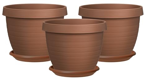 Scheurich 3er Set Blumentöpfe Country Star 40 mit Untersetzern, rund, aus Kunststoff Farbe: Terracotta, 39 cm Durchmesser, 30 cm hoch, 21,5 l Vol.