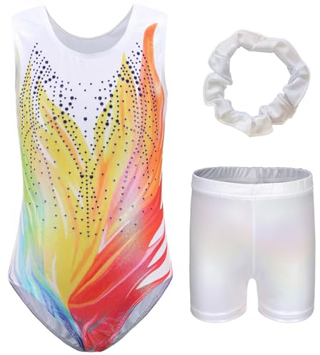 AIEOE Leotard Mädchen Ärmellos Gymnastikanzug mit Hose Glänzende Turnanzug Trikot Akrobatik Anzug Gymnastik Kleidung Set mit Haarband Tanzkostüme 11-12 Jahre Milchig Weiß