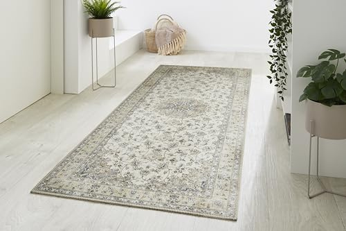 -LUXOR- living Teppich Wohnzimmer Prima im Vintage Design - Wohnzimmerteppich Teppich Kurzflor Digitaldruck in zeitlosem Design Creme 80 x 200 cm