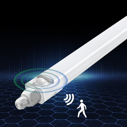 DXLIGHTING LED Feuchtraumleuchte 120cm, mit Bewegungsmelder, 36W 3600LM Röhrenlampe, Wannenleuchte, IP65 Kellerlampe, Verknüpfbar Feuchtraumlampe für Büro Treppe Garage, 4000K Neutralweiß