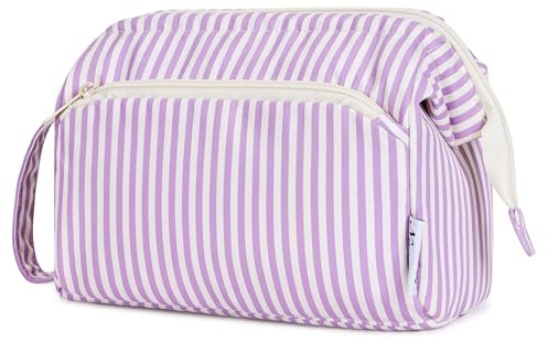 Narwey Large Makeup Bag Wide-Open Zipper Pouch Travel Wash Bag Toiletry Bag Cosmetic Organizer for Women (Purple Stripe)