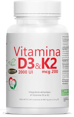Hyper Vitamina D3 K2 con il Massimo Dosaggio Consentito - per Benessere di Denti, Articolazioni, Ossa e Sistema Immunitario - Integratore Vitamina D e Vitamina K2 240 Compresse Made in Italy.