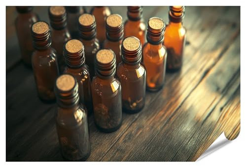 islandburner Poster XXL - Bouteilles de pharmacie vintage sur table en bois pour les amateurs de cuisine et de restaurant - Impression photo de qualité supérieure