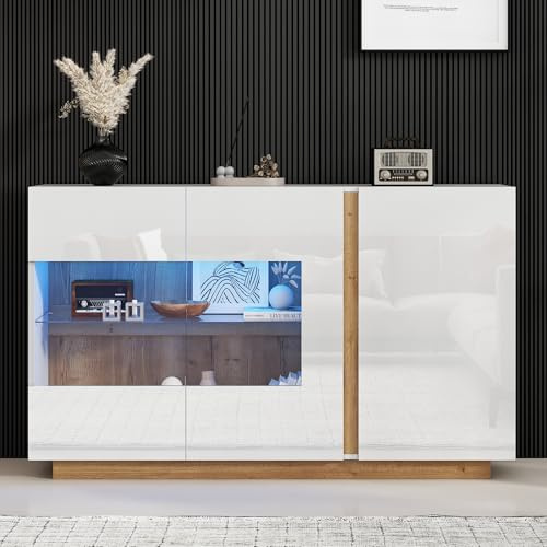 MSMOK Aparador brillante de aglomerado blanco con cristal, base de madera, cómoda