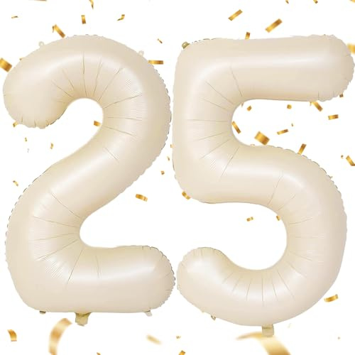 EWODEIEW Ballon en forme de chiffre 25 - Beige - 101 cm - Blanc sable - Ballon à l'hélium - Décoration d'anniversaire pour hommes et femmes - 25e anniversaire