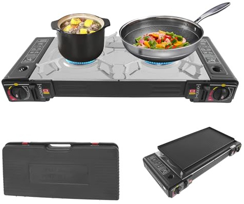 Camping Gas 2 brännare med 2 elder, bärbar gasspis med 2 brännare för flaska, camping, grill, 2,5 kw kraft, inklusive grillplatta och transportväska