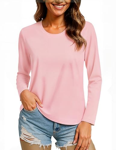 TACVASEN Maglia Maniche Lunghe per Donne in Cotone a Collo Rotondo Maglia Maniche Lunghe Sportiva Top Basic Top Casual Autunnale Rosa L
