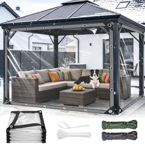 2m x 4m Clear Tarpaulin Waterproof Heavy Duty Transparent Tarpaulin with Eyelets and Rope Tear Resistant 420 g/m² PVC Clear Tarp for Gazebo Balcony Rabbit Hutch Greenhouse Chicken Coop