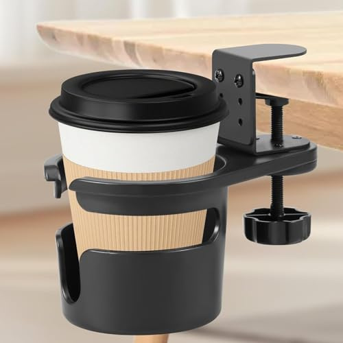 KTCINA Desk Cup Holder Clamp, Anti-Spill Cup Holder for Desk Table Adjustable Height Coffee Cups Holders Compatible with Universal Cups, Bottles, Coffee Mugs