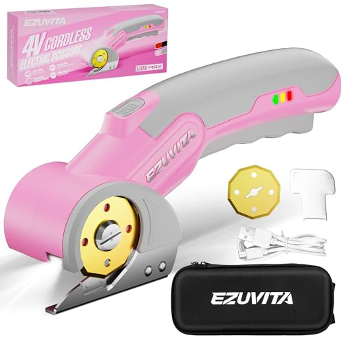 EZUVITA 4V Cordless Electric Scissors with LED Light, Rechargeable Cardboard Box Cutter, Wrench & Titanium-Coated Replacement Blade for Fabric, Leather, Carpet & Plastic(Pink & Grey)