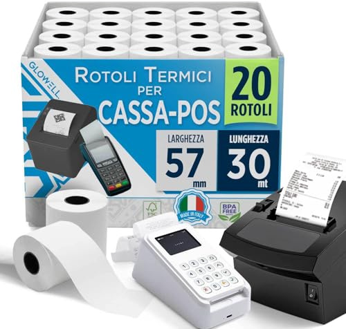 Glowell Rotoli POS 57x30 m di Lunghezza in Carta Termica con foro da 12 mm - Stampa Scontrini alta qualità, Rotoli Cassa per Stampante Termica Scontrini Bancomat, Carta Pos Made in Italy (20pz)