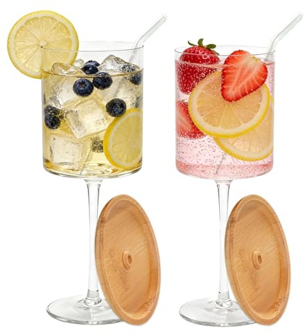 Imourari Vinglas set om 2 400 ml – transparent rödvinsglas med sugrör bambulock, vitvinsglas för rödvin vitt vin, iskaffe latte matcha