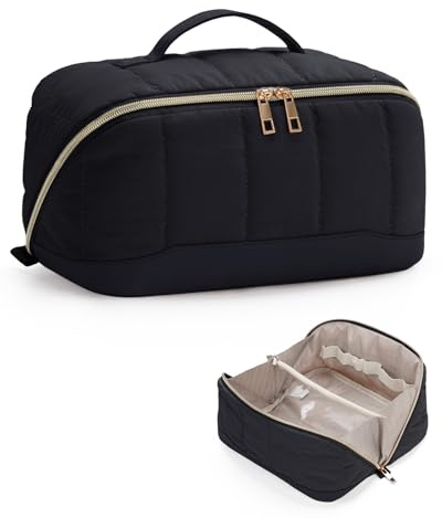Travel Makeup Bag Large Quilted Cosmetic Organizer with Brush Compartments & Handle, Wide-Open Toiletry Bag for Women, Black