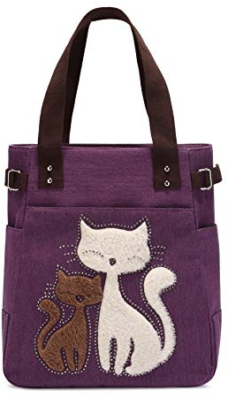 KAUKKO Frauen Leinwand Handtasche Umhängetasche Katze Große Tragetasche, Violett 1, Casual
