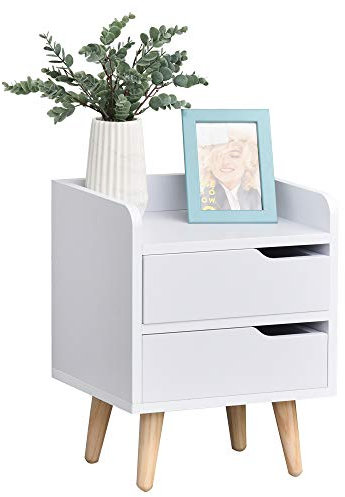 HOMCOM Mesa de Noche Multiusos Mesita Auxiliar para Sala de Estar o Dormitorio con 2 Cajones Espaciosos Patas Elevadas de Pino Diseño Moderno 33x28x42 cm Blanco