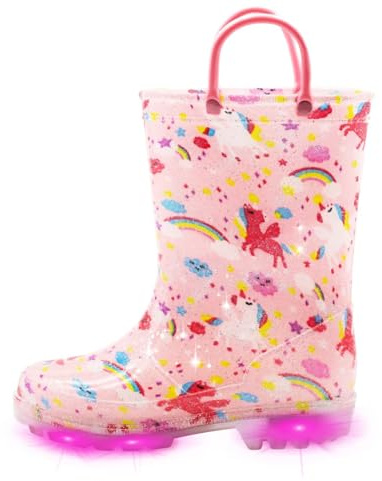 EUXTERPA Stivali di gomma per bambine e bambini lampeggianti, stivali Wellington impermeabili luminosi con glitter e manico facile da indossare, stivali da pioggia per bambini taglia 4-13 UK bambino