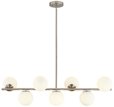 KCO Modern Silver Chandelier Pendant Light with White Globes, Industrial Chrome White Glass Linear Sputnik Chandelier,7 Glass Balls Linear LED Pendant Lights for Dining Room Living Room Kitchen Island