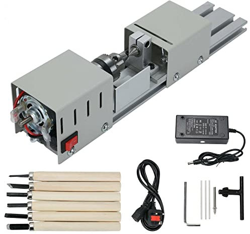 Onetuon Mini Lathe Beads Polisher Machine DIY CNC Machining for Table Woodworking Wood DIY Tool Lathe Standard Set 6 in 1 (Silver)