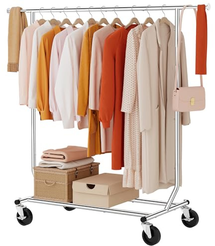 Tajsoon Clothing Rack Heavy Duty Clothes Racks Foldable Garment Rack with Wheels and Extendable Rod, Collapsible Clothing Rack Max Capacity 250lbs, Industrial Rolling Racks with Bottom Shelf, Chrome