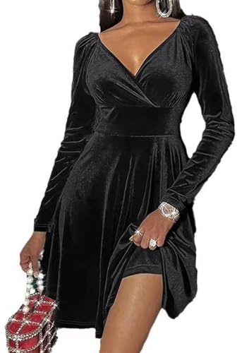 XIVISTO Abito da Donna Elegante Invernale Cerimonia in Velluto Vintage Sexy Vestito con Scollo a V Maniche Lunghe a Vita Alta Abiti per Cocktail Festa Sera Bar Club