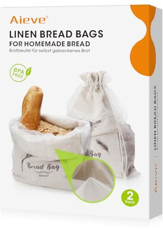 AIEVE Linen Bread Bags for Homemade Bread, 2 Pack 35 x 46.5 cm Reusable Linen Cloth Saver Bag with Plastic Liner for Sourdough Bread Storage, Keep Bread Fresh