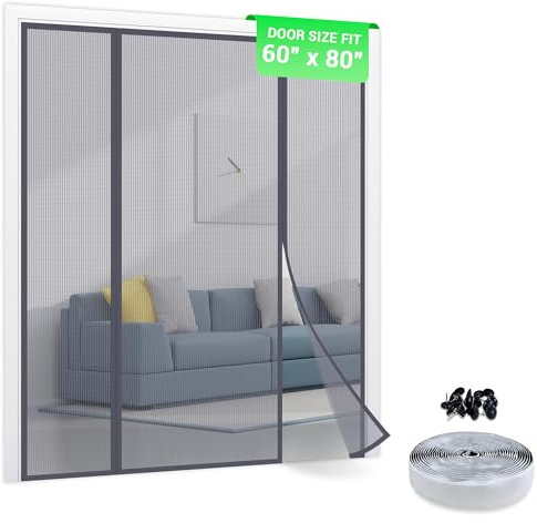 TheFitLife Fiberglass Double Screen Door - Heavy Duty Magnetic Mesh with Full Frame Hook and Loop Powerful Magnets That Closure Automatically
