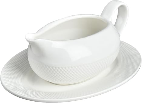 Salsiera con piattino, salsa per salsa senza sporchi, salsiera bianca a prova di fuoriuscite, salsiera di semplicità, salsiera in ceramica con manico ergonomico, salsiera per servire per cena
