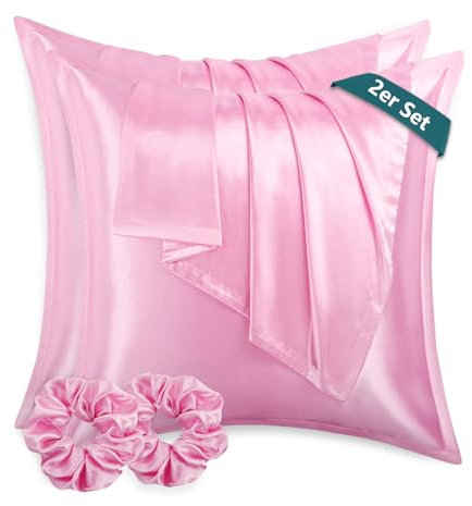 RUIKASI Satin Kissenbezug 80x80 wie EIN Seidenkissenbezug mit 2 Haargummis - seidig Kopfkissenbezug 80x80 für Haar und Haut, Pflegeleichter als Seiden Kissenbezug Silk Pillow Case, Rosa