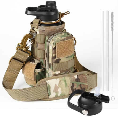 VOTAGOO 32 Oz Insulated Water Bottle - Stainless Steel Tactical Flask With Straw Lid & Chug Cap, Metal Military Water Bottle With Rugged, Removable Sleeve Can Place Items for Hiking Camping Hunting