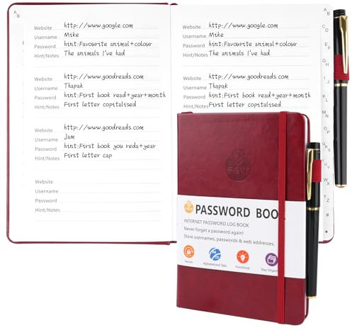 Deepton Passwort Buch, Passwortbuch mit Register A-Z, Password Book mit Adressbuch, Notizbuch mit Register, Passwortbuch mit Innentasche, Telefonbuch mit Register, Passwort Manager - Rotbraun